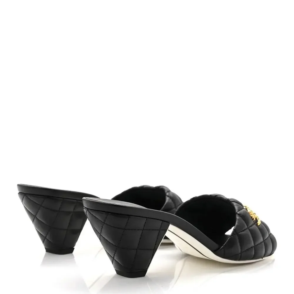 Chanel Lambskin Quilted Textured CC Cone Heel Mule Sandals Black EU 37.5
